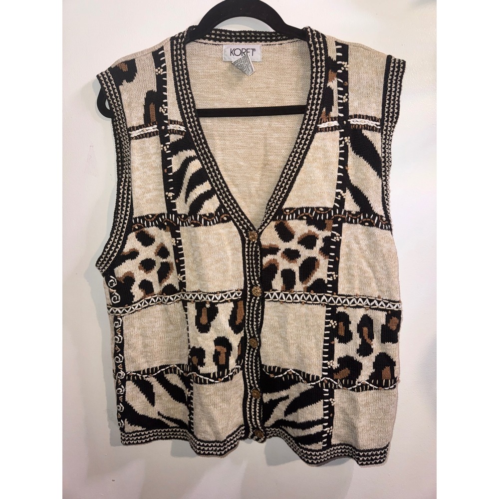 Koret Vintage Animal Print Patchwork Sweater Vest Tan Black Large